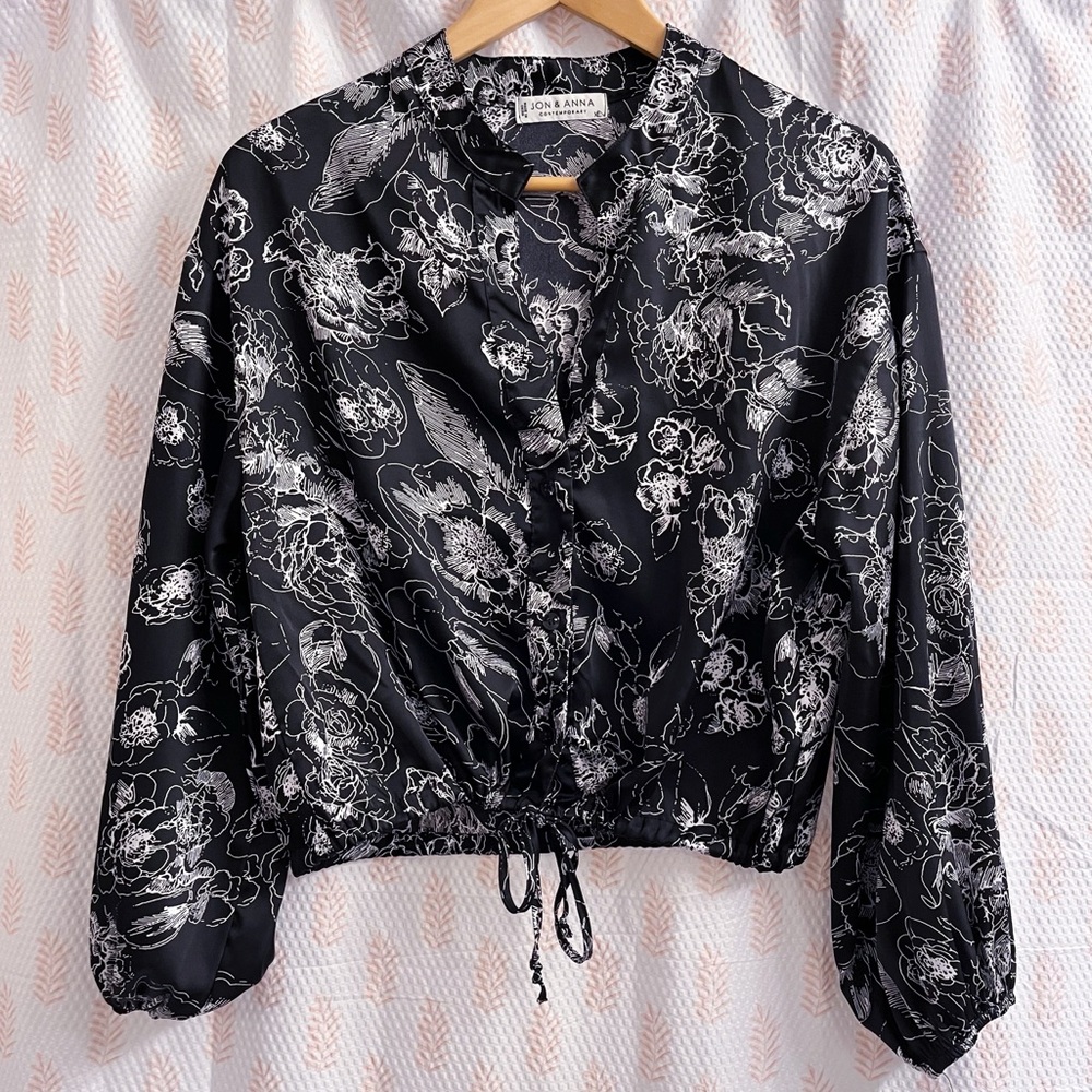 Jon & Anna Black and White Floral Ruffle Drawstring Blouse